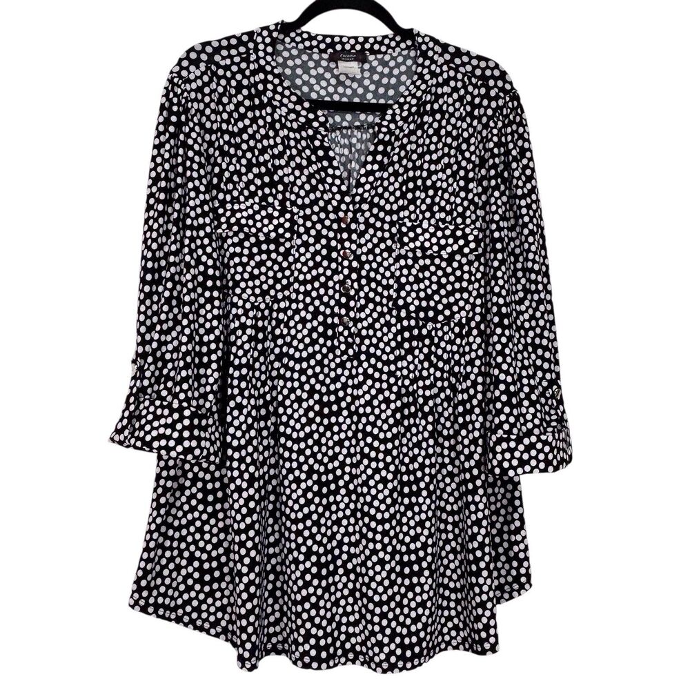Cocomo Woman Popover Tunic Blouse Black With White Dots Size 2X Mature Office